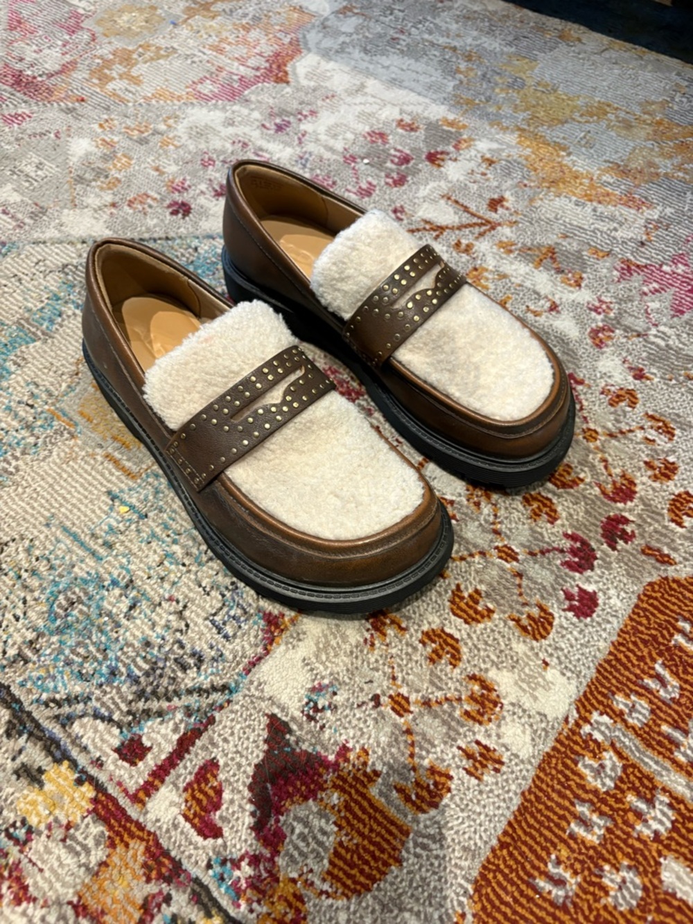 Aldo Brown Leather Loafers with Cream Shearling Vamp